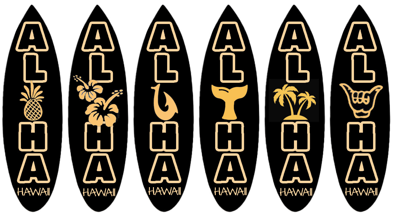 "Hawaii" Assorted Black Wood Carved Surfboard Magnets